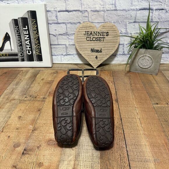 Ugg Ascot Slippers Men's Sz 8 Brown Leather Shearling Slip On Casual Shoe - Picture 7 of 10
